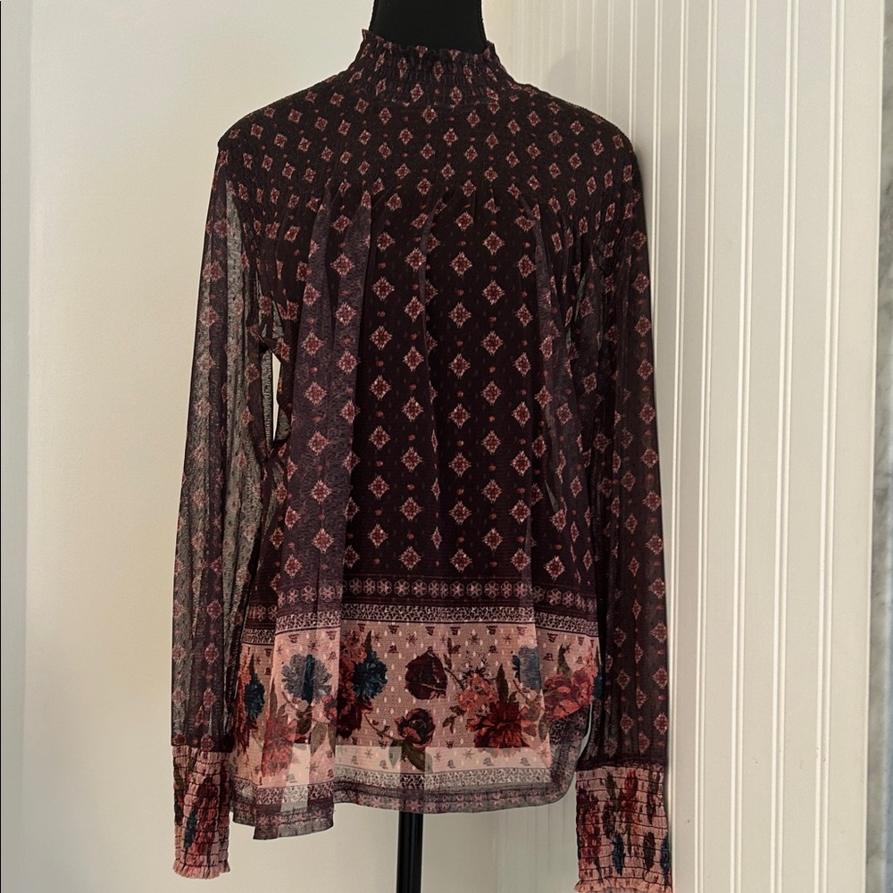 Maurices Burgundy Floral Print Long Sleeve Mock Neck Blouse
